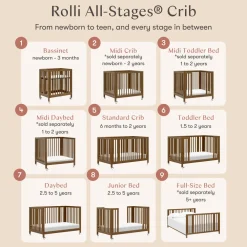 Rolli 9-in-1 Convertible All-Stages Crib with Bassinet & Toddler Bed Conversion Kits